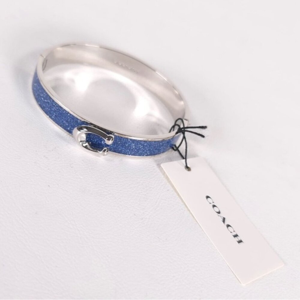 NWT COACH Signature C Logo Hinged Bangle Bracelet Sparkly Blue Enamel & Silver‎